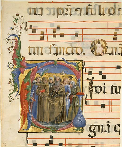 Wikioo.org - The Encyclopedia of Fine Arts - Painting, Artwork by Cosmè Tura - Manuscript Illumination with All Saints in an Initial V, from an Antiphonary