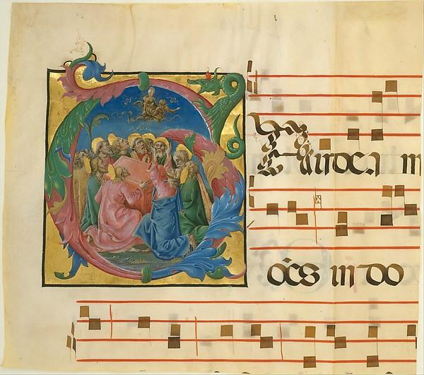 Wikioo.org - The Encyclopedia of Fine Arts - Painting, Artwork by Cosmè Tura - Manuscript Illumination with the Assumption of the Virgin in an Initial G, from a Gradual