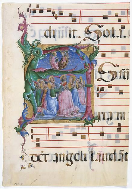 WikiOO.org - Encyclopedia of Fine Arts - Schilderen, Artwork Cosmè Tura - Manuscript Illumination with the Assumption of the Virgin in an Initial A, from an Antiphonary