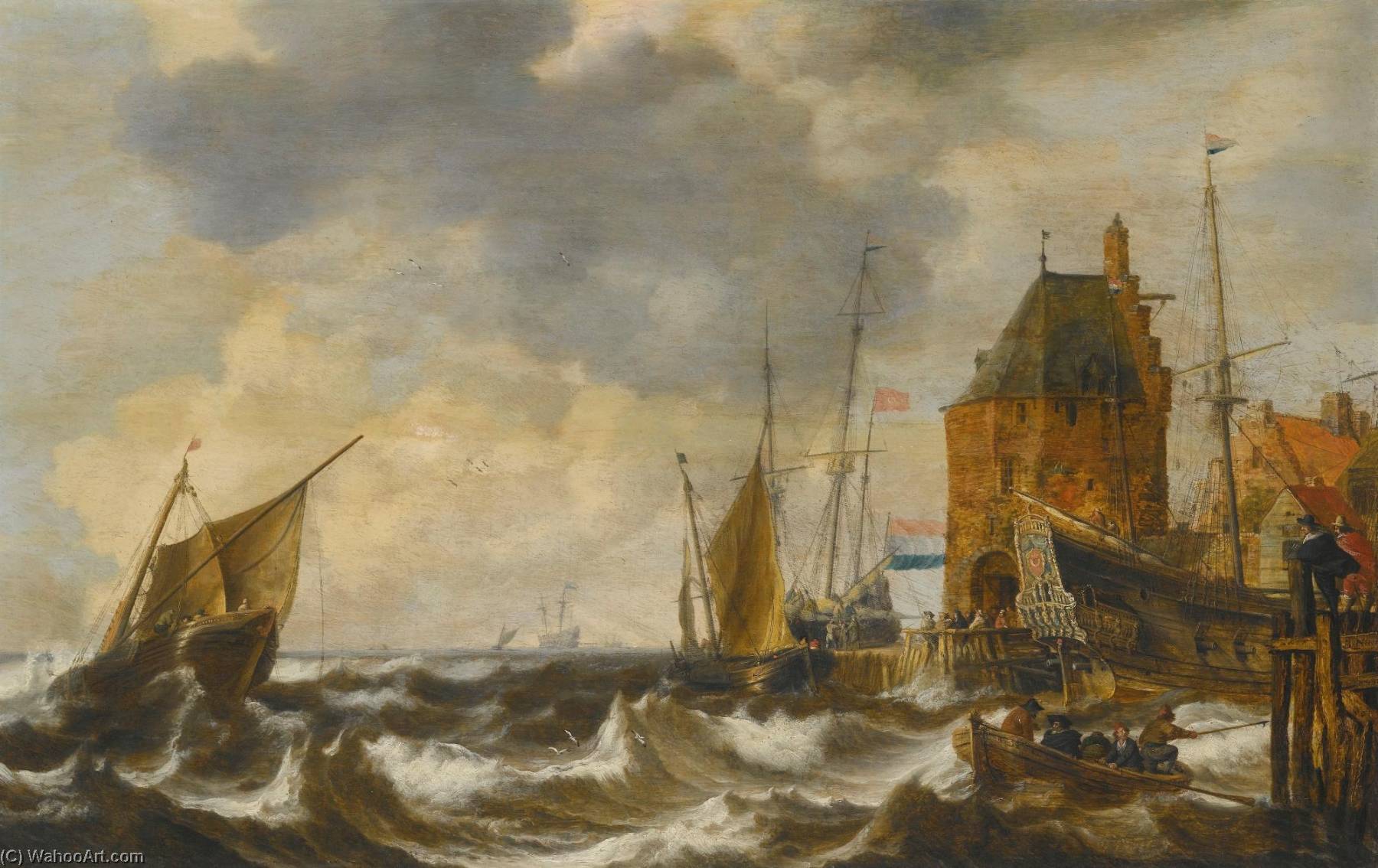 Wikioo.org - The Encyclopedia of Fine Arts - Painting, Artwork by Bonaventura Peeters I - Dutch vessels and a rowing boat on choppy waters by a small harbour town