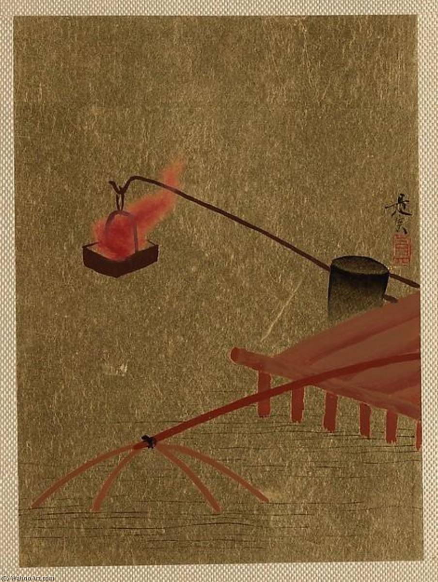 Wikioo.org - The Encyclopedia of Fine Arts - Painting, Artwork by Shibata Zeshin - Fire Basket Suspended from Dock over a Fish Net in the Water