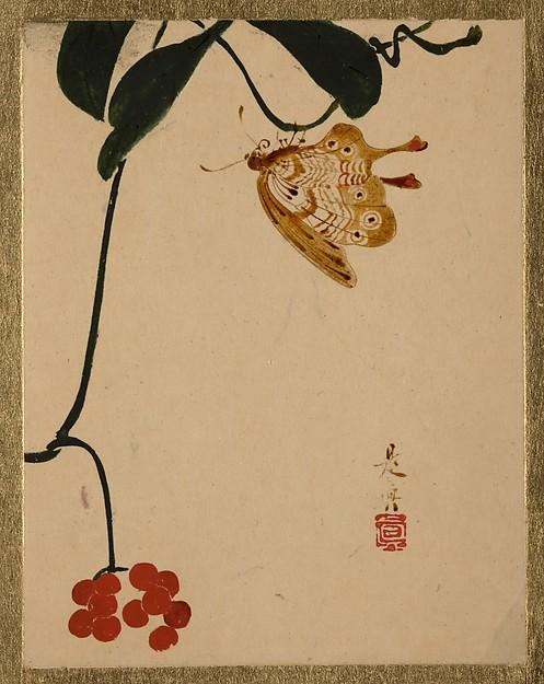 Wikioo.org - The Encyclopedia of Fine Arts - Painting, Artwork by Shibata Zeshin - Red Berry Plant and Butterfly