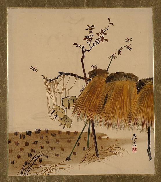 Wikioo.org – L'Enciclopedia delle Belle Arti - Pittura, Opere di Shibata Zeshin - Lacca Dipinti di vari argomenti Pila di Riso e libellule