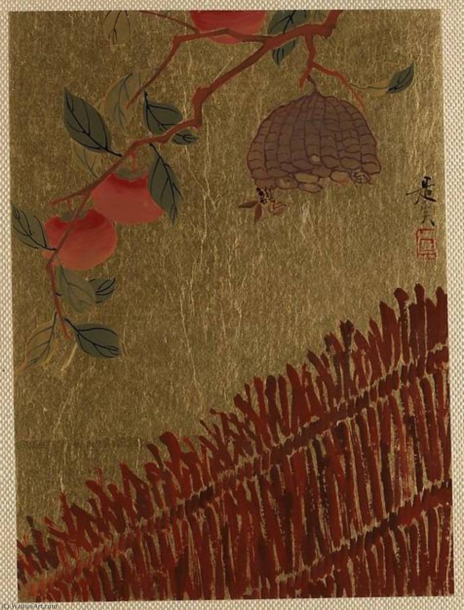 Wikioo.org - The Encyclopedia of Fine Arts - Painting, Artwork by Shibata Zeshin - Persimmons Branch and Wasp Nest above a Hedge