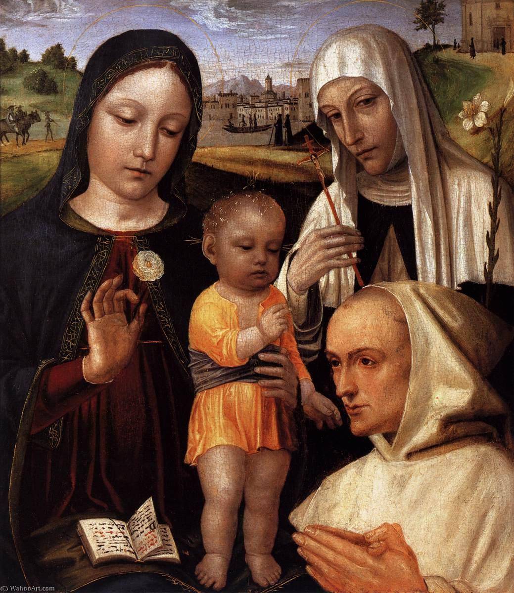 Wikioo.org - The Encyclopedia of Fine Arts - Painting, Artwork by Ambrogio Da Fossano (Ambrogio Bergognone) - Madonna and Child, St Catherine and the Blessed Stefano Maconi