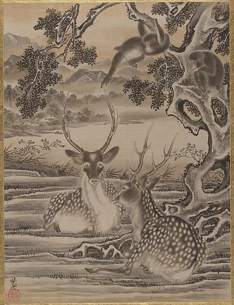 Wikioo.org - The Encyclopedia of Fine Arts - Painting, Artwork by Kawanabe Kyōsai - Deer and Monkeys
