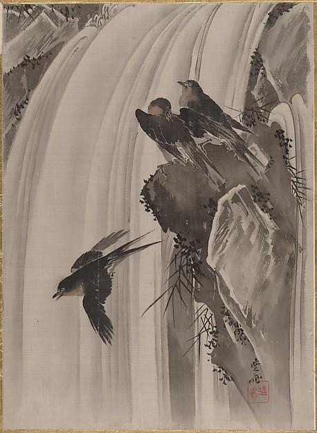 Wikoo.org - موسوعة الفنون الجميلة - اللوحة، العمل الفني Kawanabe Kyōsai - 滝に燕図 Swallows by a Waterfall
