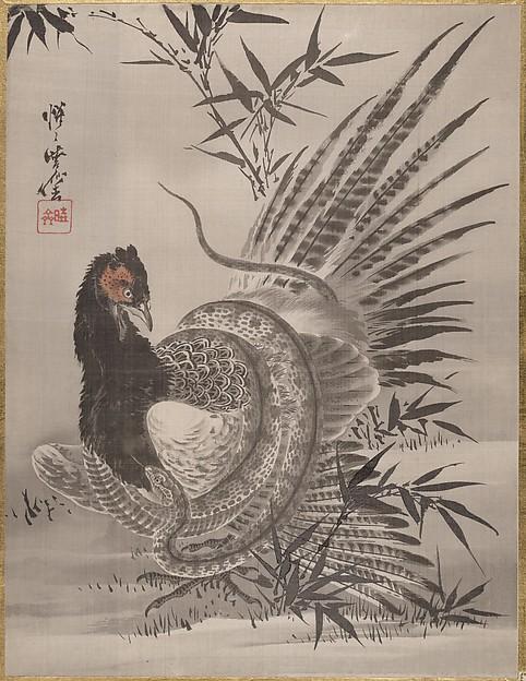 Wikoo.org - موسوعة الفنون الجميلة - اللوحة، العمل الفني Kawanabe Kyōsai - Pheasant Caught by a Snake