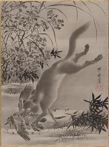 WikiOO.org - Εγκυκλοπαίδεια Καλών Τεχνών - Ζωγραφική, έργα τέχνης Kawanabe Kyōsai - Fox Catching Bird