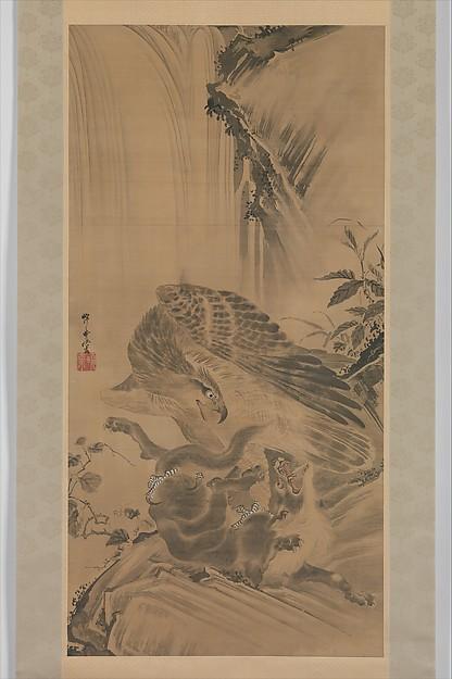 Wikioo.org - The Encyclopedia of Fine Arts - Painting, Artwork by Kawanabe Kyōsai - Eagle Attacking a Mountain Lion