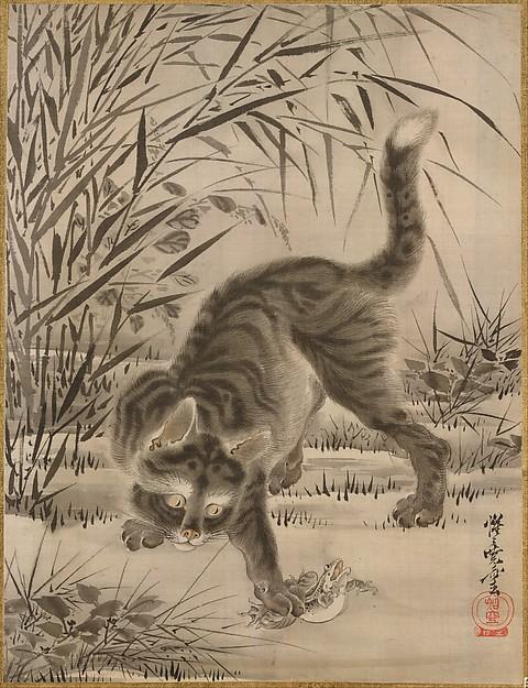 Wikoo.org - موسوعة الفنون الجميلة - اللوحة، العمل الفني Kawanabe Kyōsai - Cat Catching a Frog