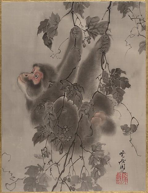 Wikioo.org - The Encyclopedia of Fine Arts - Painting, Artwork by Kawanabe Kyōsai - Monkey Hanging from Grapevines