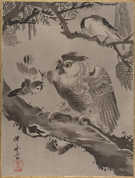 Wikioo.org - The Encyclopedia of Fine Arts - Painting, Artwork by Kawanabe Kyōsai - Owl Mocked by Small Birds