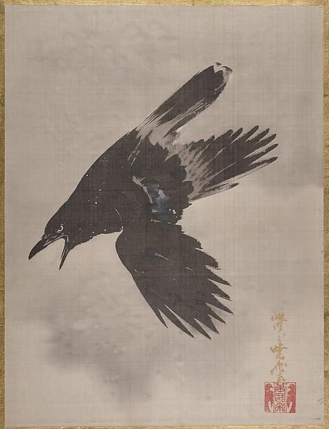 Wikioo.org - The Encyclopedia of Fine Arts - Painting, Artwork by Kawanabe Kyōsai - 雪中鴉図 Crow Flying in the Snow