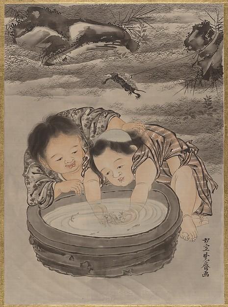 WikiOO.org - Enciklopedija dailės - Tapyba, meno kuriniai Kawanabe Kyōsai - Two Children Playing with Goldfish