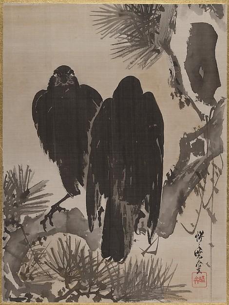 WikiOO.org - Encyclopedia of Fine Arts - Lukisan, Artwork Kawanabe Kyōsai - 松に鴉図 Two Crows on a Pine Branch