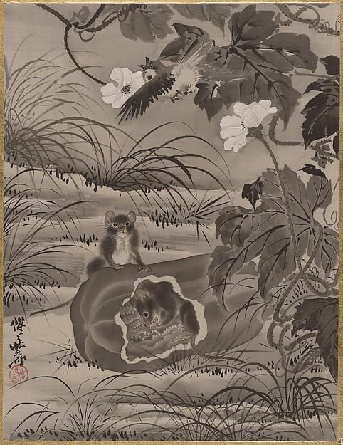 Wikioo.org - The Encyclopedia of Fine Arts - Painting, Artwork by Kawanabe Kyōsai - 瓜に鼠図 Mice in a Melon