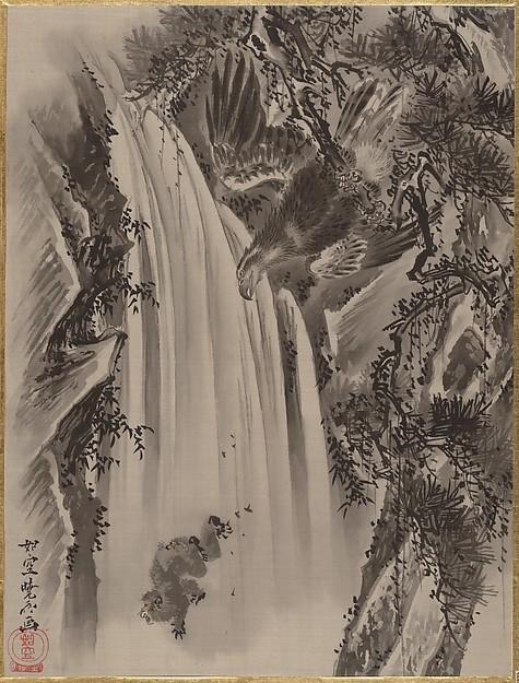 WikiOO.org - Enciclopédia das Belas Artes - Pintura, Arte por Kawanabe Kyōsai - Waterfall, Eagle and Monkey