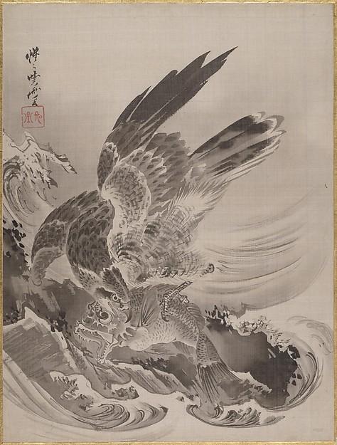 Wikioo.org - The Encyclopedia of Fine Arts - Painting, Artwork by Kawanabe Kyōsai - Eagle Attacking Fish
