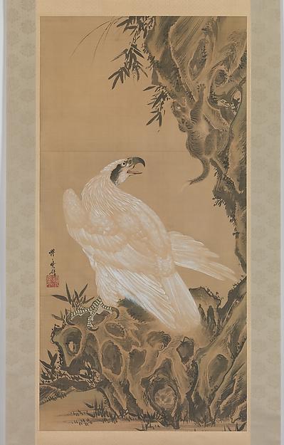 Wikoo.org - موسوعة الفنون الجميلة - اللوحة، العمل الفني Kawanabe Kyōsai - White Eagle Eyeing a Mountain Lion