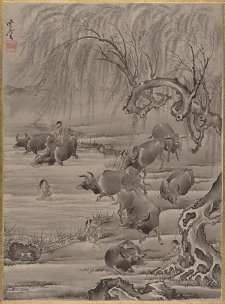 Wikioo.org - The Encyclopedia of Fine Arts - Painting, Artwork by Kawanabe Kyōsai - Buffalo and Herdsman