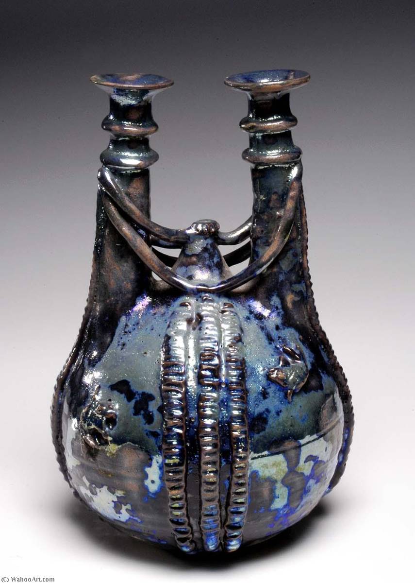 Wikioo.org - The Encyclopedia of Fine Arts - Painting, Artwork by Beatrice Wood - Blue Lustre Double Necked Bottle with Braided Decoration