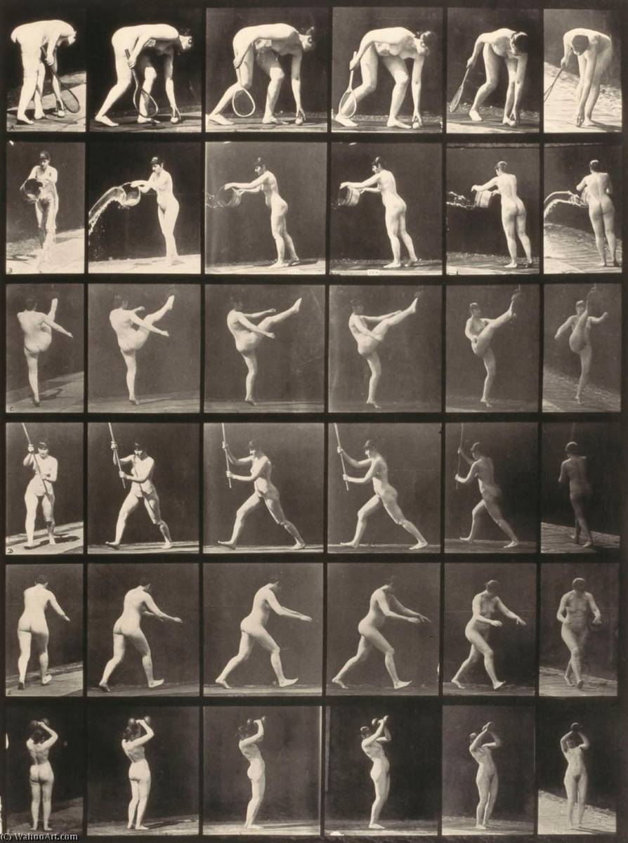 Wikioo.org - The Encyclopedia of Fine Arts - Painting, Artwork by Eadweard Muybridge - Animal Locomotion (plate 326) (Woman with Tennis Racquet, Throwing Water, etc.)