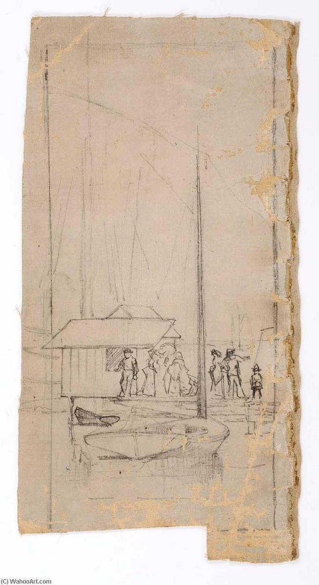 Wikioo.org - The Encyclopedia of Fine Arts - Painting, Artwork by William Henry Johnson - Figures on Dock with Sailboat