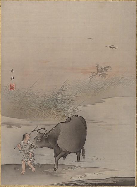 WikiOO.org - Encyclopedia of Fine Arts - Lukisan, Artwork Hashimoto Gahō - Boy with Cow at the River's Edge
