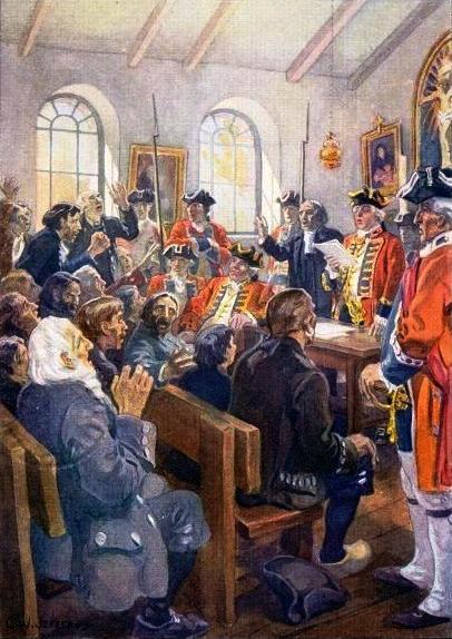 Wikioo.org - The Encyclopedia of Fine Arts - Painting, Artwork by Charles William Jefferys - Reading the Order of expulsion to the Acadians in the parish Church at Grand Pré, in 1755