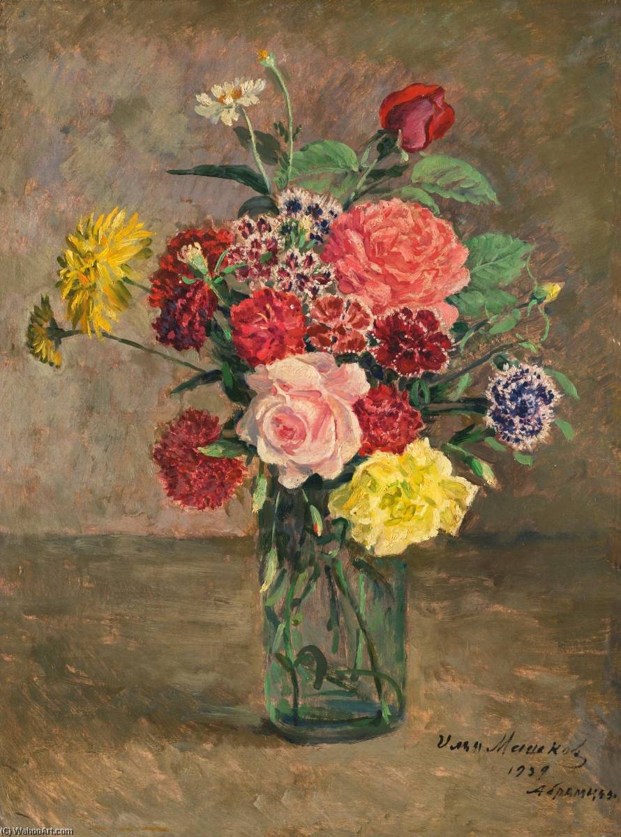 Wikioo.org - The Encyclopedia of Fine Arts - Painting, Artwork by Ilya Ivanovich Mashkov - Still Life with Roses and Carnations in a Glass Jar