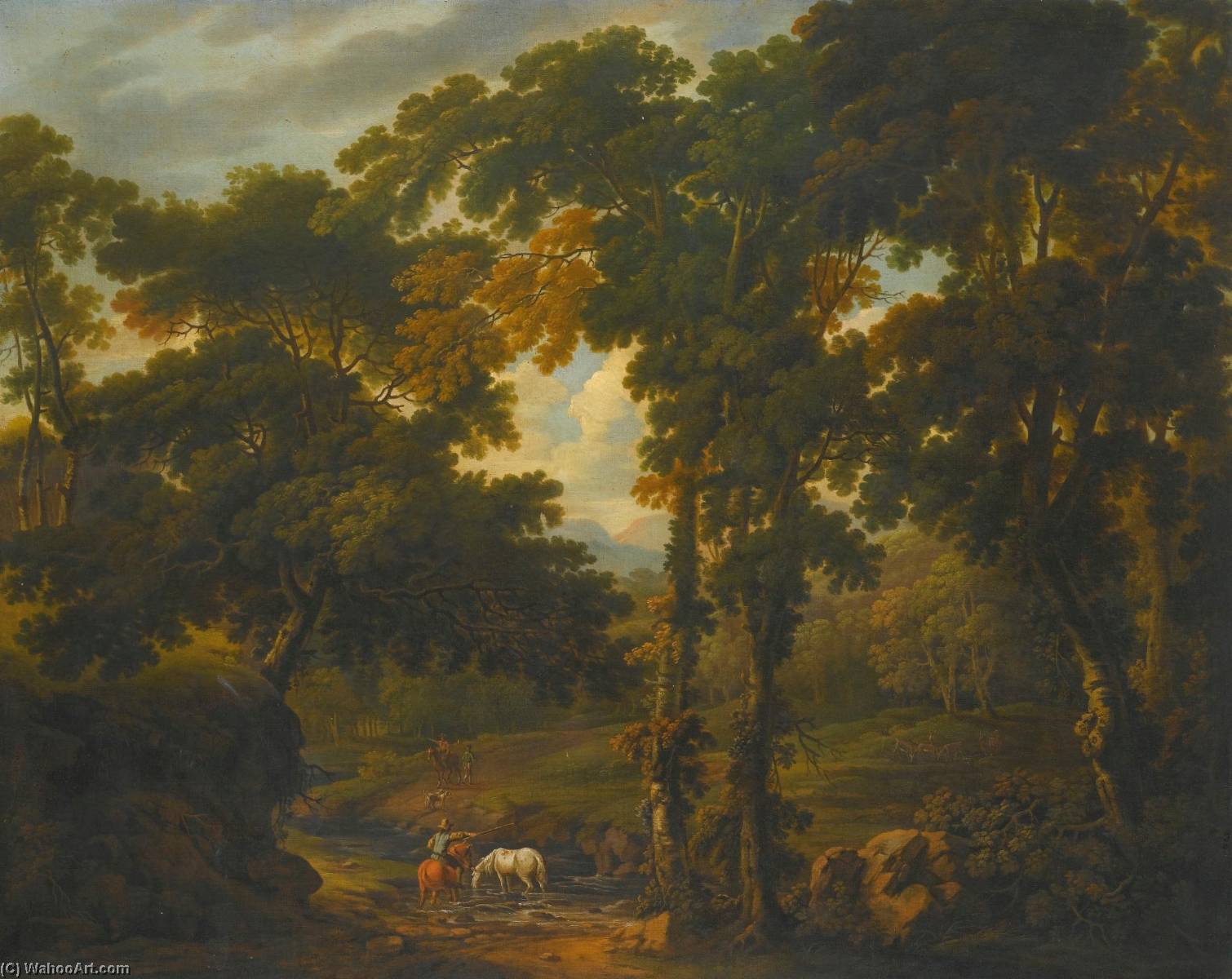 Wikioo.org - สารานุกรมวิจิตรศิลป์ - จิตรกรรม George Barret The Elder - Woodland scene with a horseman crossing a stream