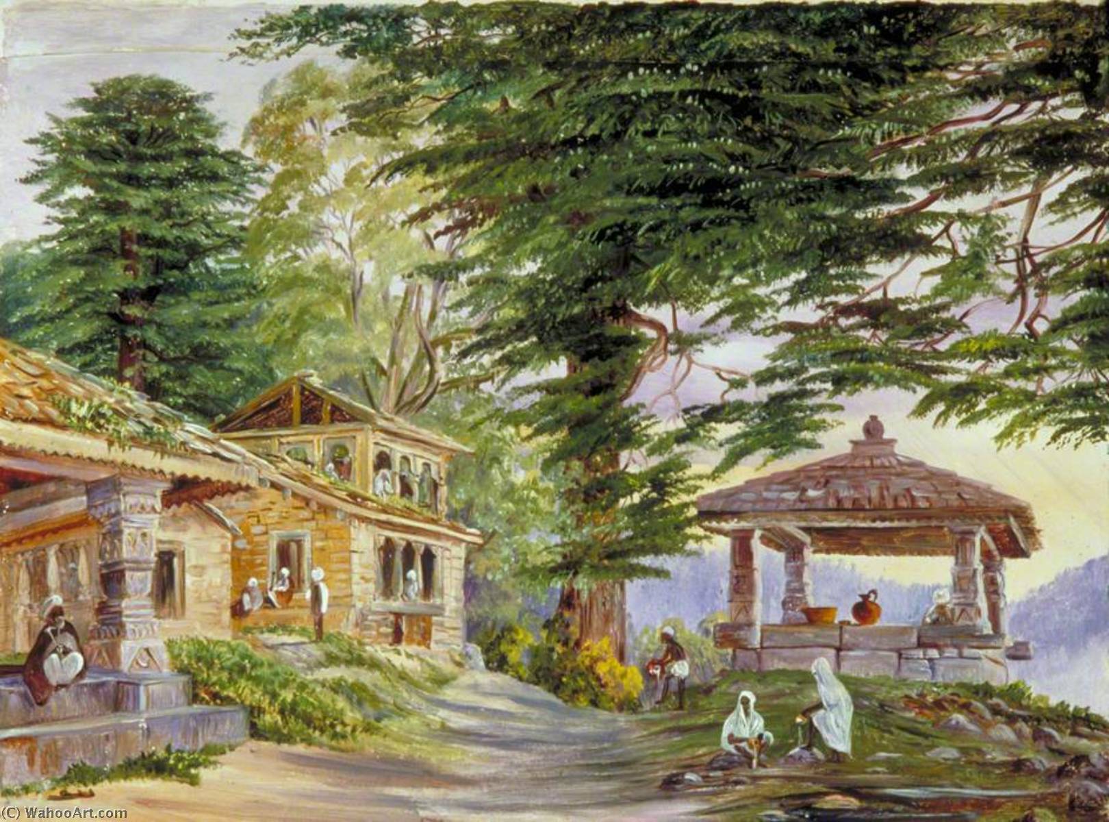 WikiOO.org - Enciclopedia of Fine Arts - Pictura, lucrări de artă Marianne North - Dibee Dhoora Dee with Its Well and Deodar Trees, Kumaon, India