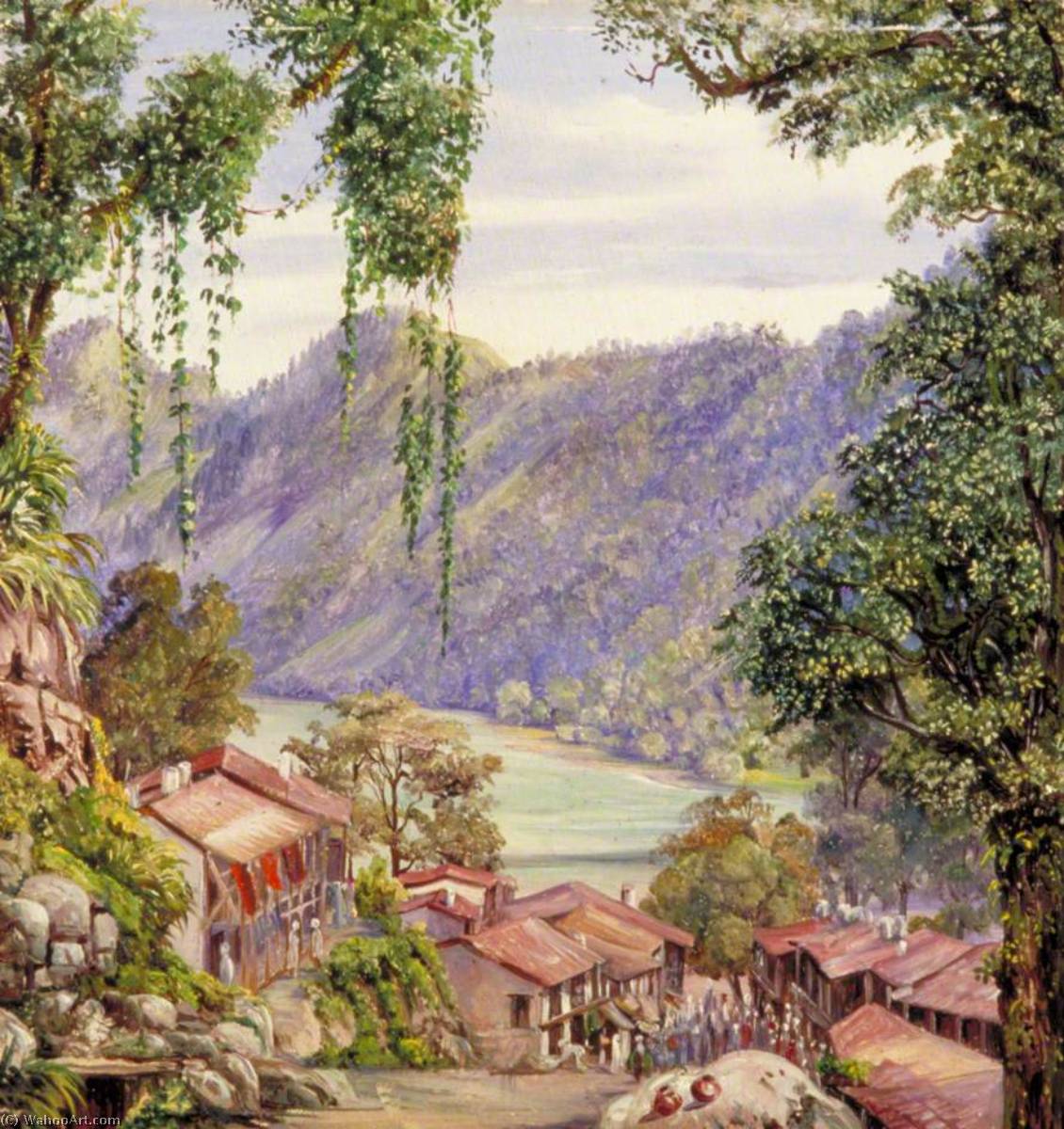 Wikioo.org - The Encyclopedia of Fine Arts - Painting, Artwork by Marianne North - Looking down the Bazaar and Lake of Nynee Tal, Kumaon, North West India