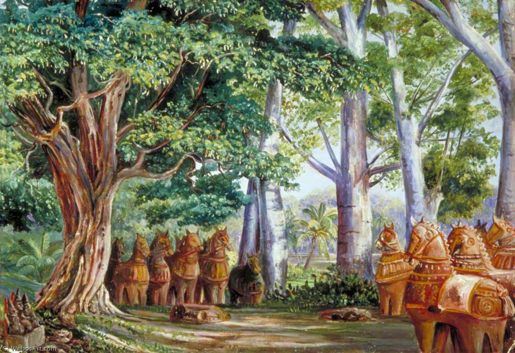 Wikioo.org - The Encyclopedia of Fine Arts - Painting, Artwork by Marianne North - African Baobab Trees, a Large Tamarind, the God Aiyanar and His Two Wives