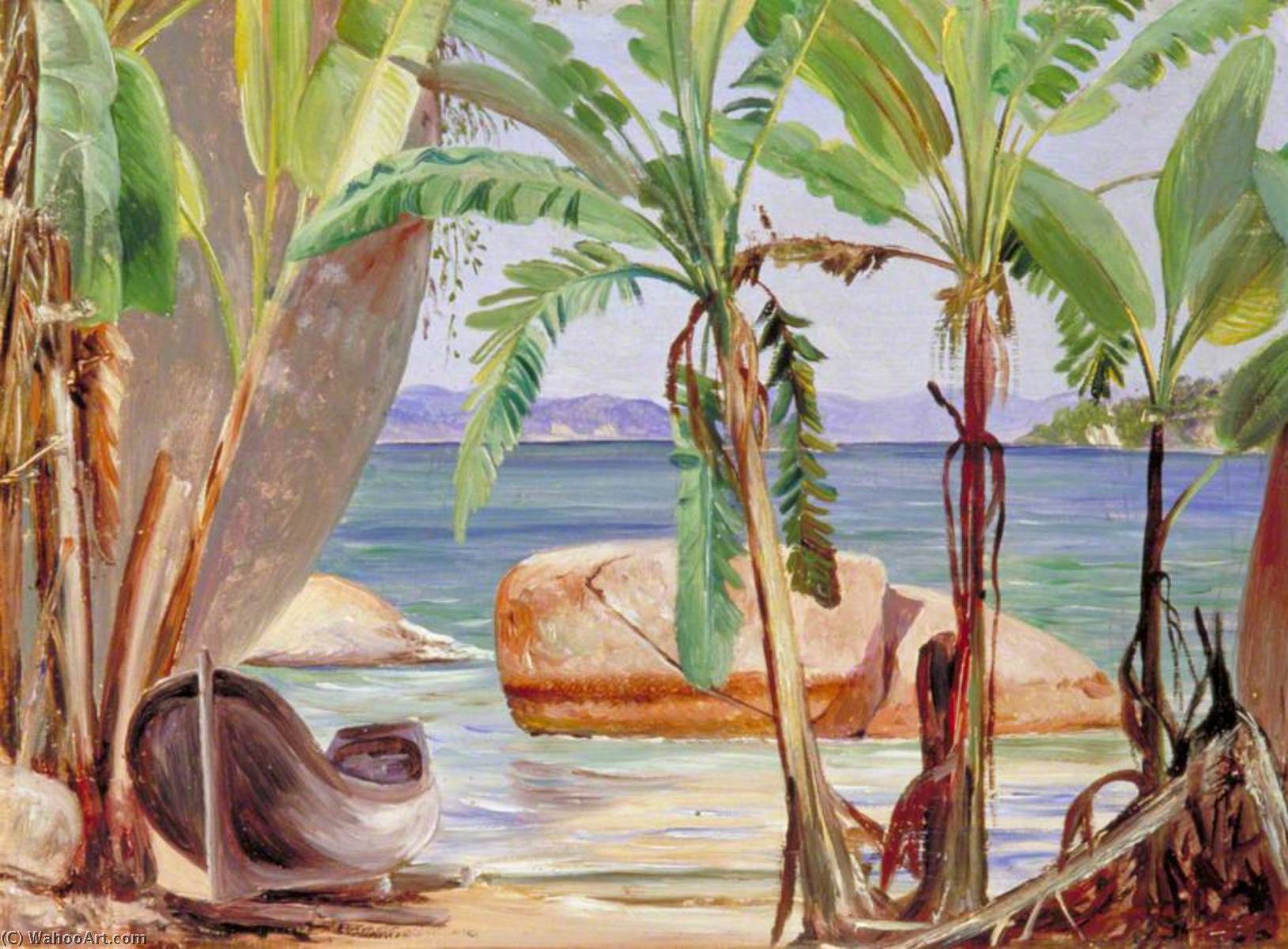 Wikioo.org - The Encyclopedia of Fine Arts - Painting, Artwork by Marianne North - Bananas and Rocks at Paquita, Brazil