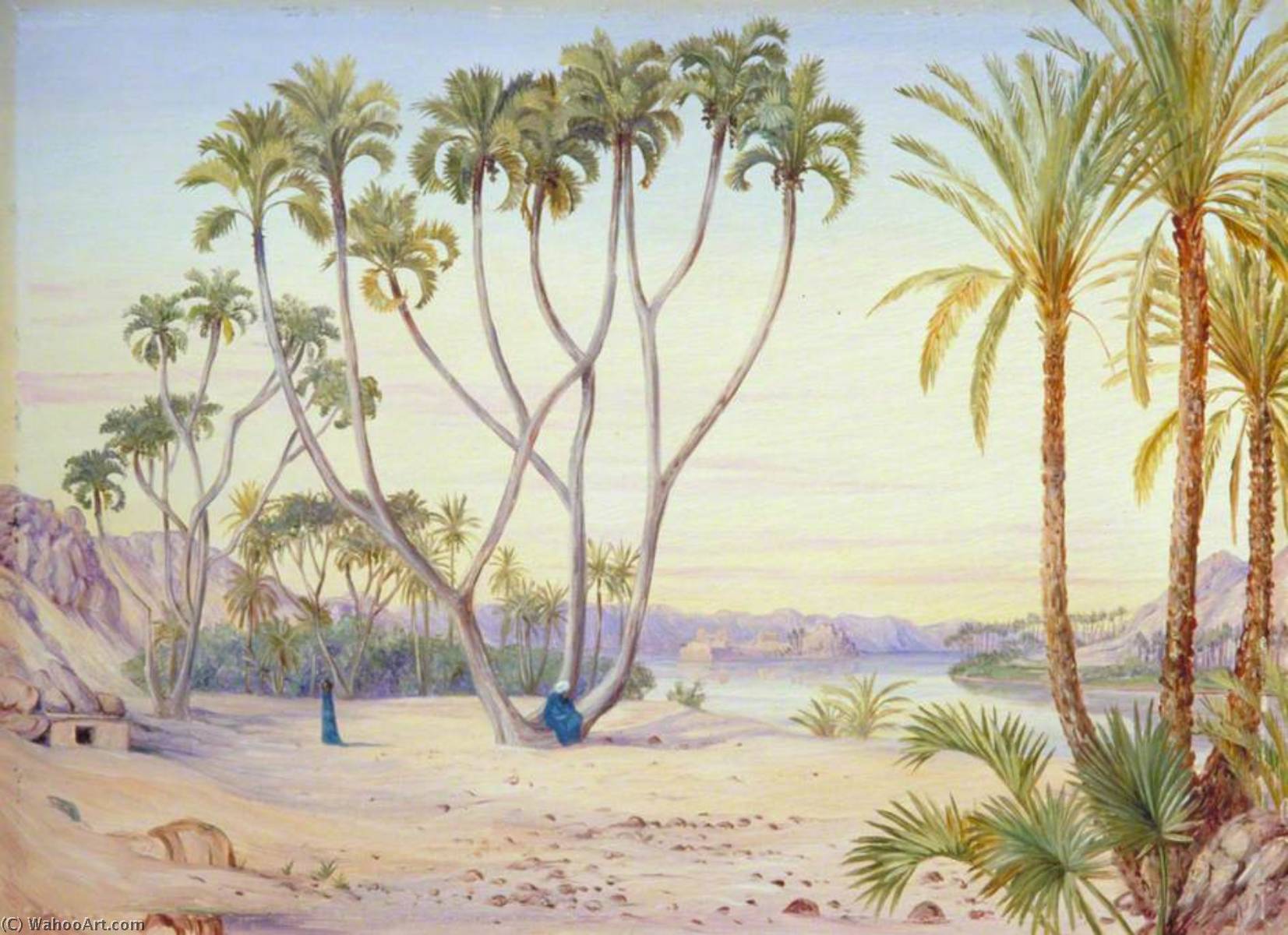 WikiOO.org - Enciklopedija likovnih umjetnosti - Slikarstvo, umjetnička djela Marianne North - Doum and Date Palms on the Nile above Philae, Egypt