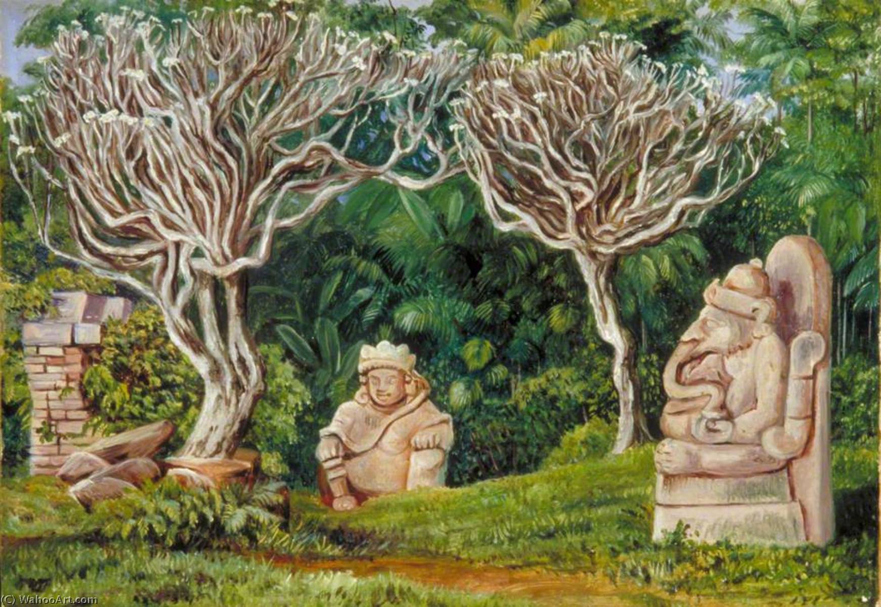 Wikioo.org - The Encyclopedia of Fine Arts - Painting, Artwork by Marianne North - Hindu Idols and Frangipani Trees at Singosari, Java
