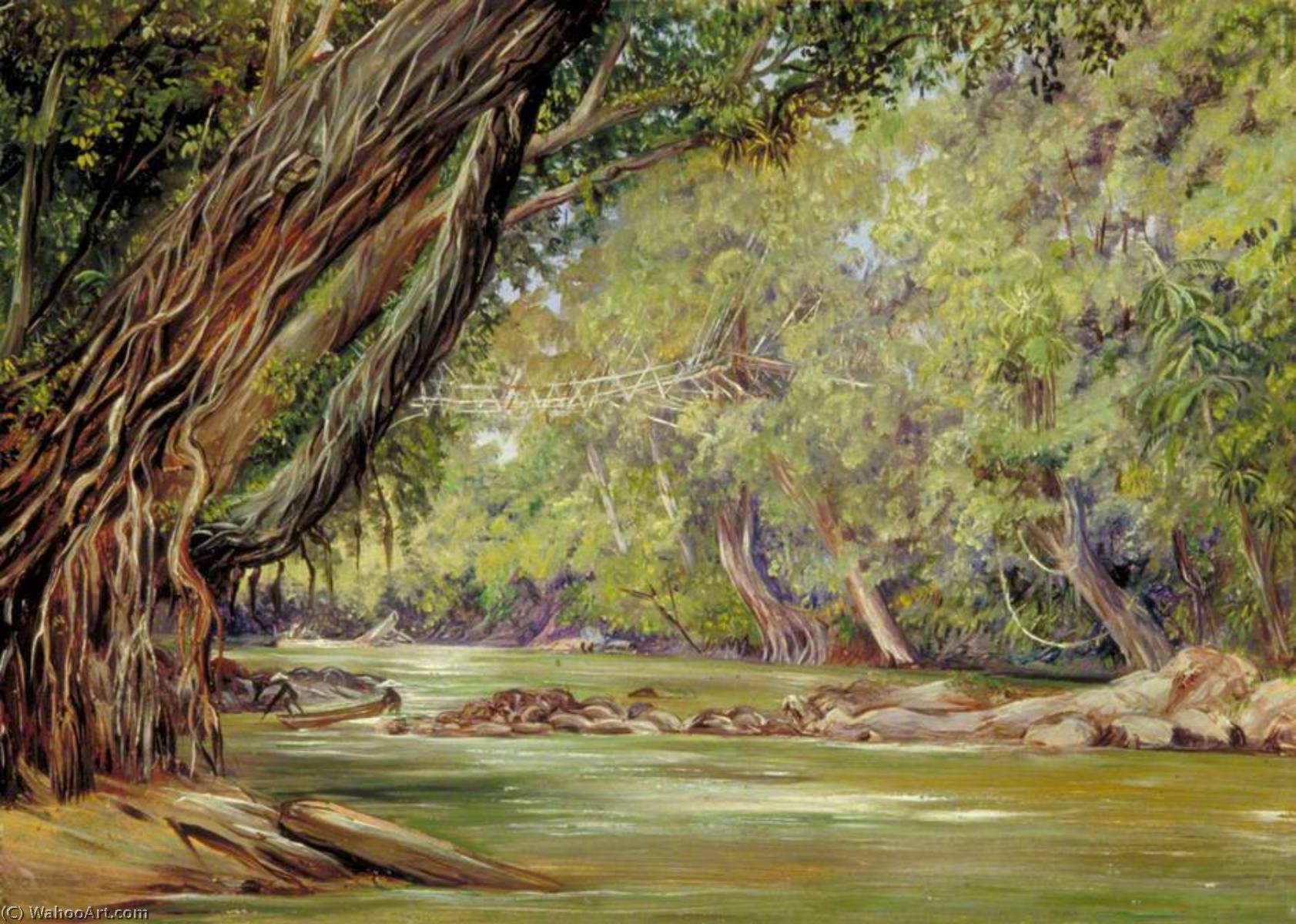Wikioo.org - The Encyclopedia of Fine Arts - Painting, Artwork by Marianne North - Cobweb Bridge in Borneo, Made by the Dyaks with Rattans and Bamboos