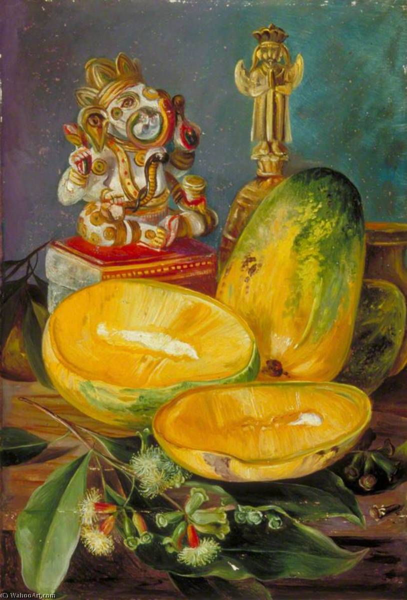 Wikioo.org - The Encyclopedia of Fine Arts - Painting, Artwork by Marianne North - Foliage and Flowers of the Clove, Fruit of the Mango, and Hindoo God of Wisdom