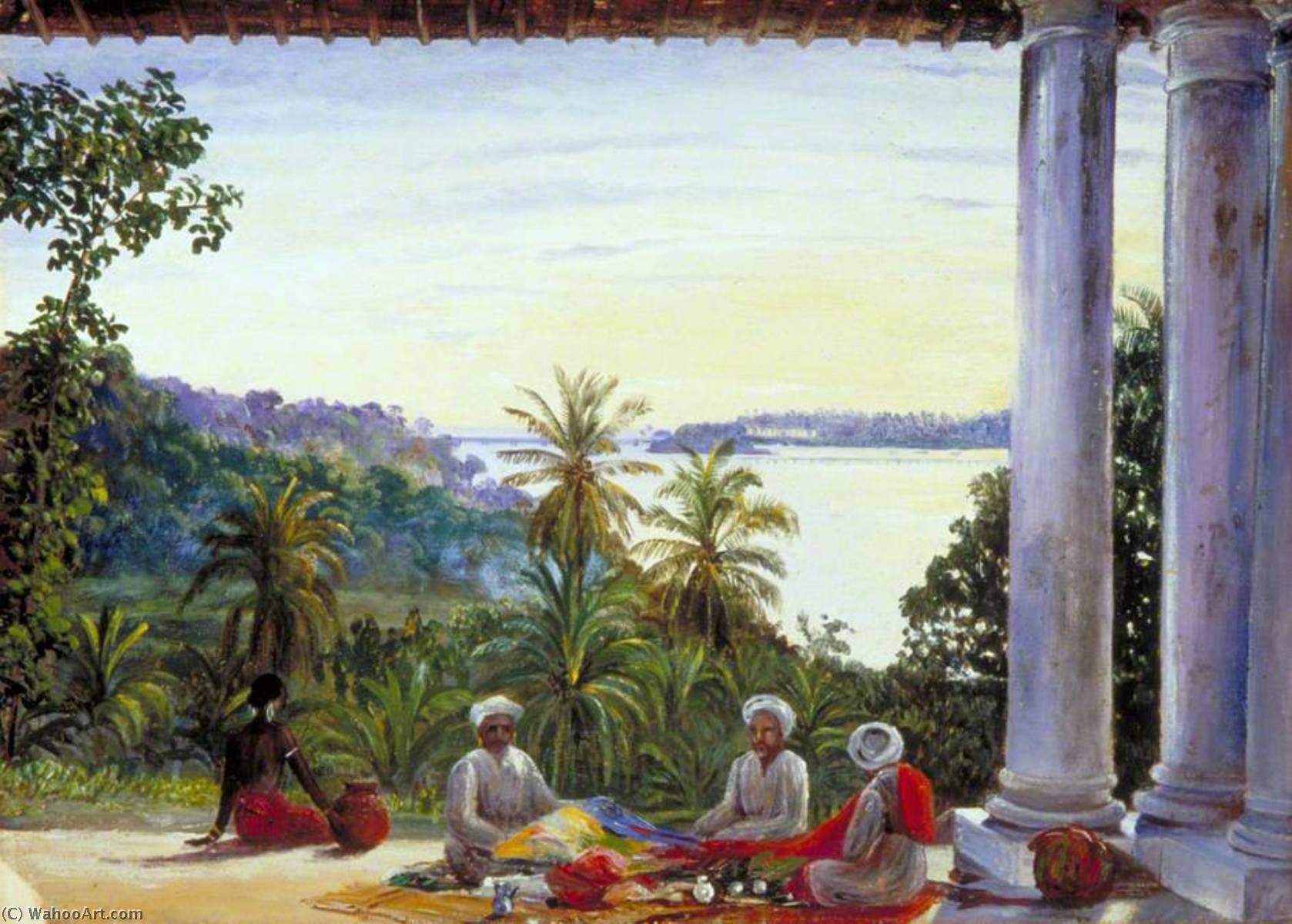 Wikioo.org - The Encyclopedia of Fine Arts - Painting, Artwork by Marianne North - Bombay Pedlars in Mrs Cameron's Verandah, Kalutera, Ceylon