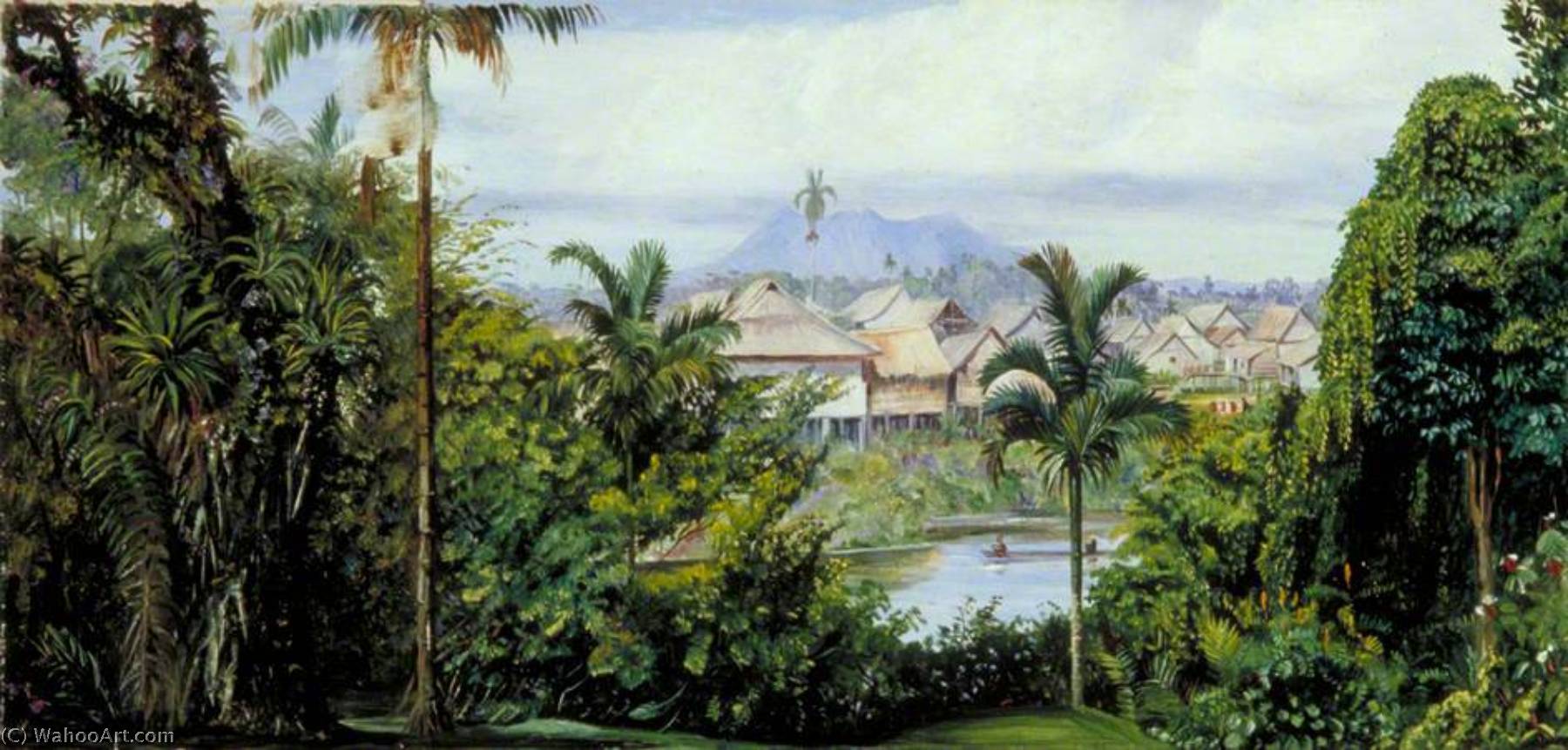 Wikioo.org - The Encyclopedia of Fine Arts - Painting, Artwork by Marianne North - Malay Houses and Creek