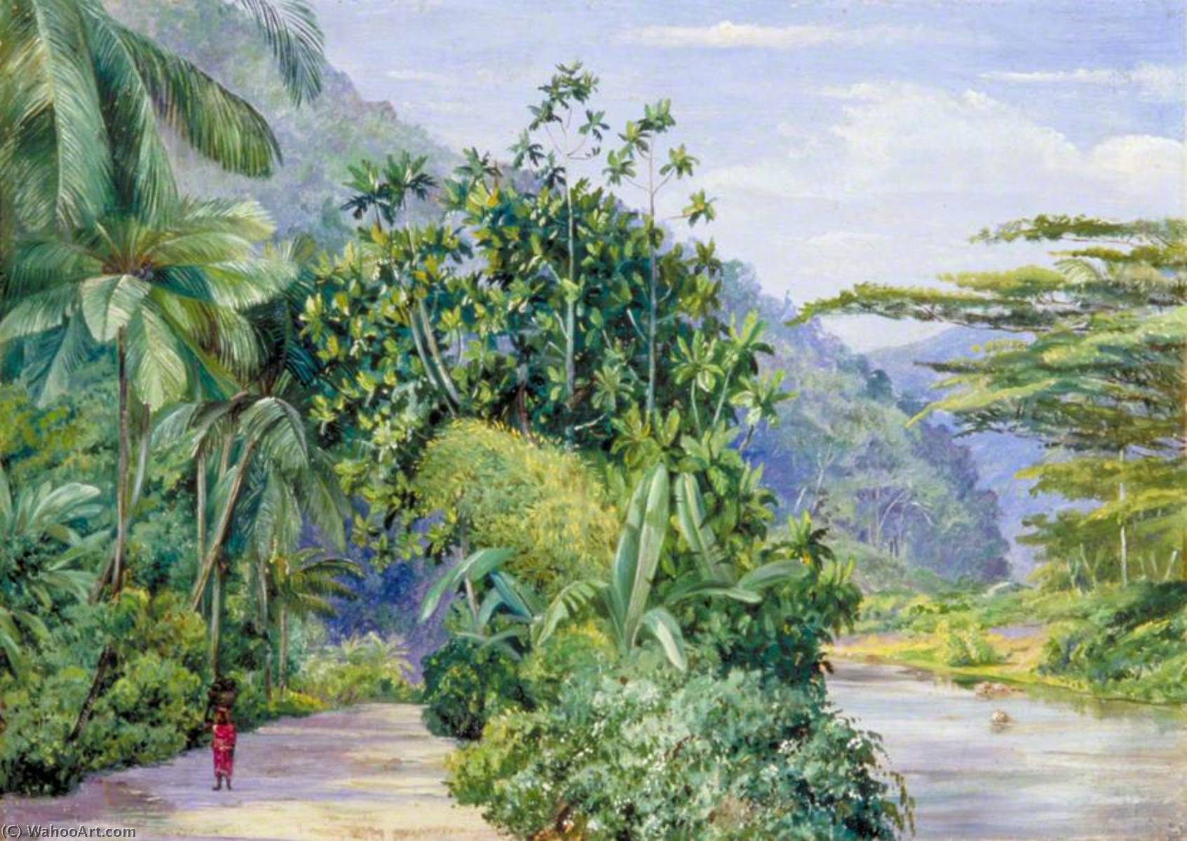 Wikioo.org - The Encyclopedia of Fine Arts - Painting, Artwork by Marianne North - The Bog Walk, Jamaica, with Bread Fruit, Banana, Cocoanut and Other Trees