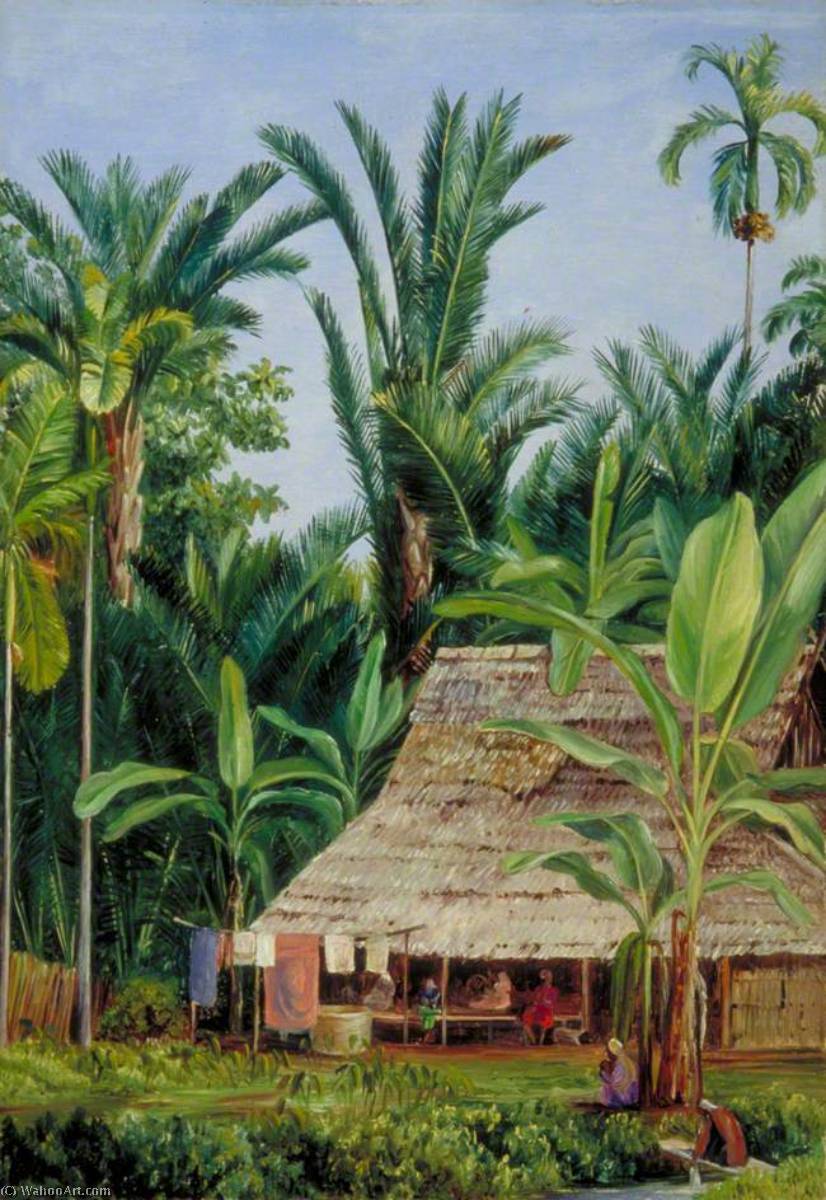 Wikioo.org - The Encyclopedia of Fine Arts - Painting, Artwork by Marianne North - A Tailor's Shop in the Botanic Garden, Buitenzorg, Shaded by Sago Palms and Bananas