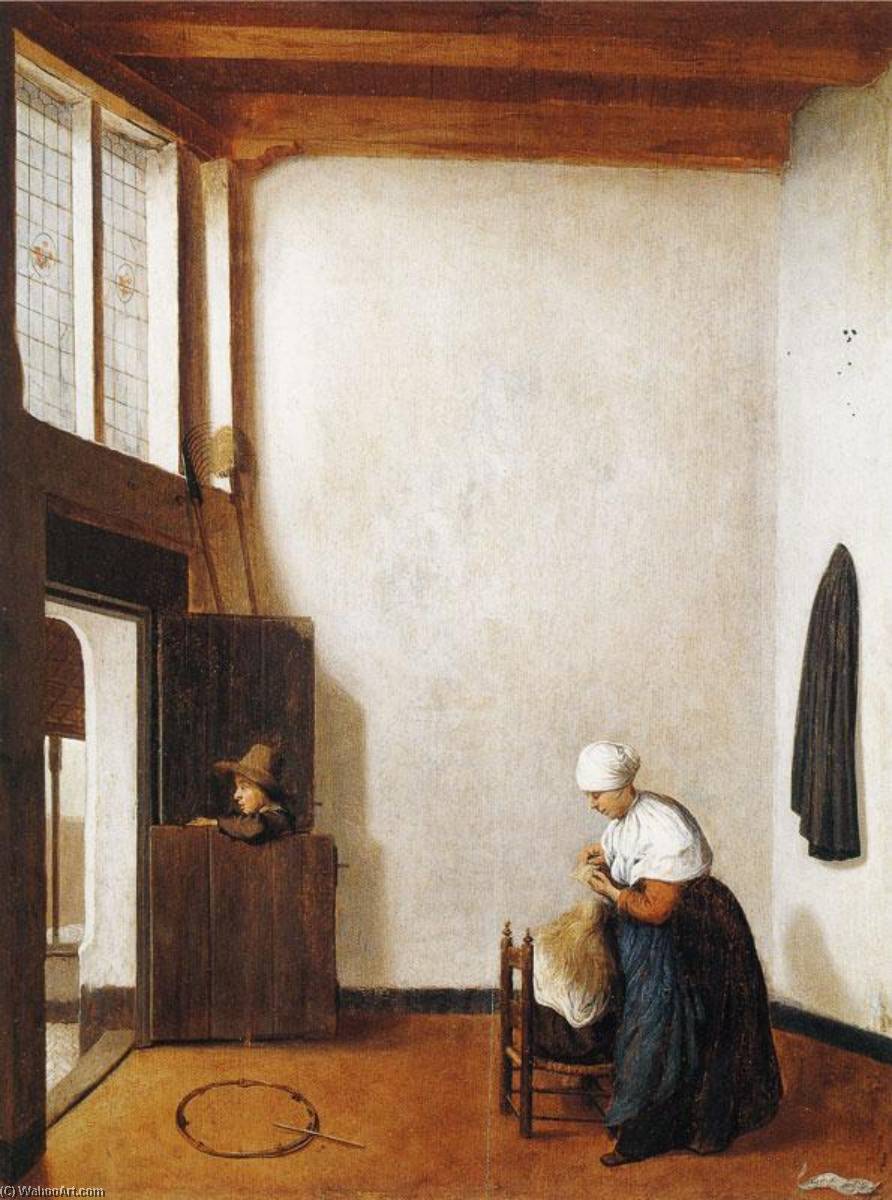 Wikioo.org - The Encyclopedia of Fine Arts - Painting, Artwork by Jacobus Vrel - Interior with a Woman Combing a Little Girl's Hair