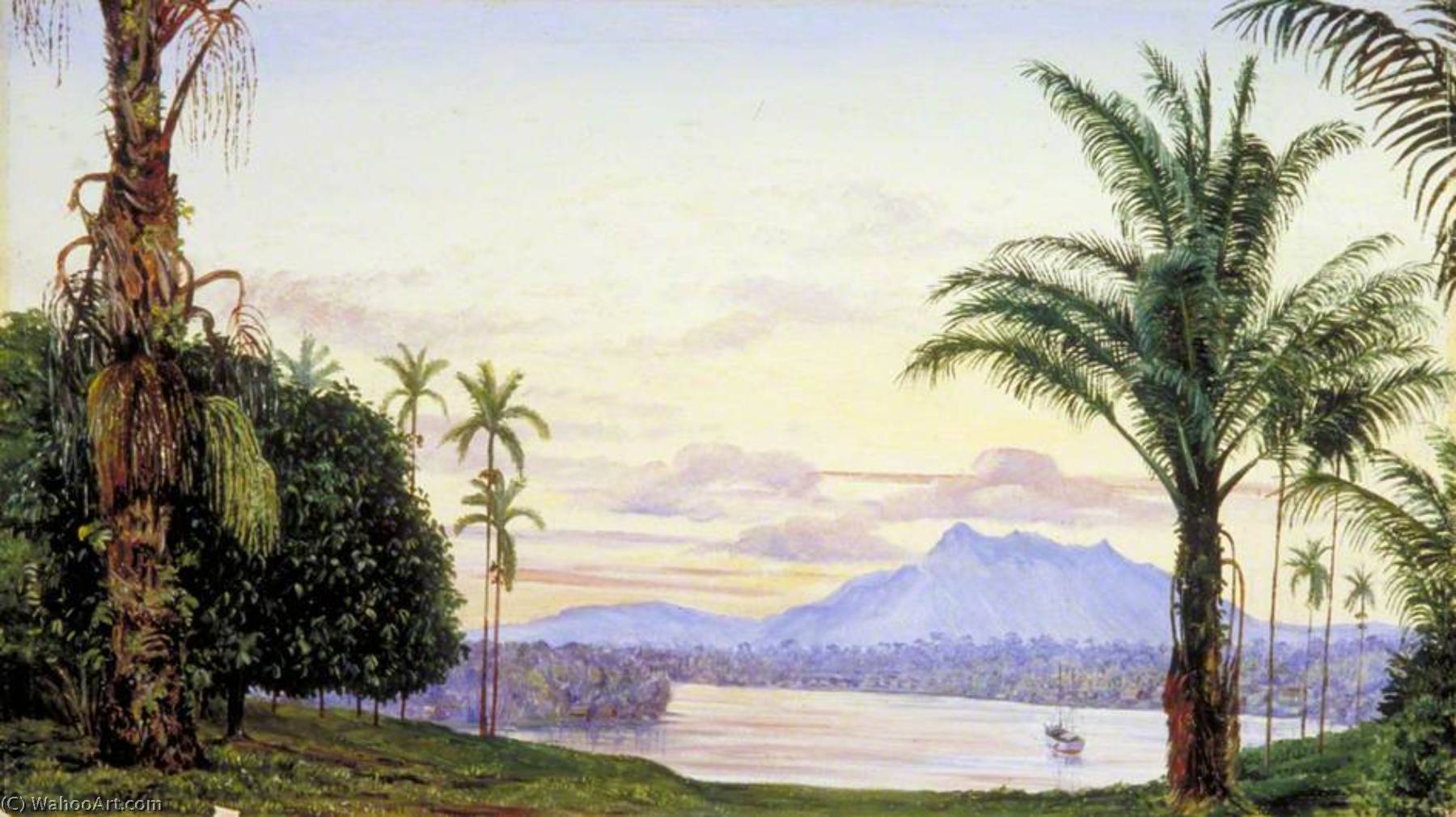 Wikioo.org - The Encyclopedia of Fine Arts - Painting, Artwork by Marianne North - View of Matang and River, Sarawak, Borneo
