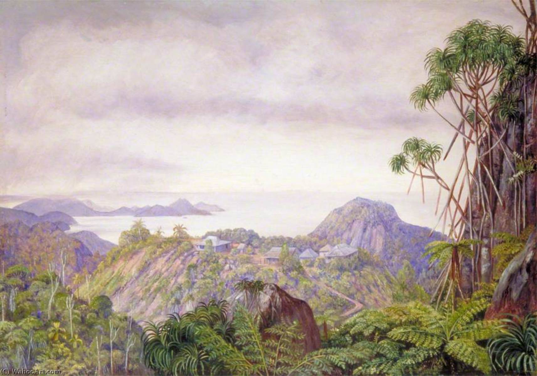 WikiOO.org - دایره المعارف هنرهای زیبا - نقاشی، آثار هنری Marianne North - View of the South Coast of Mahé and Schools of Venn's Town, Seychelles