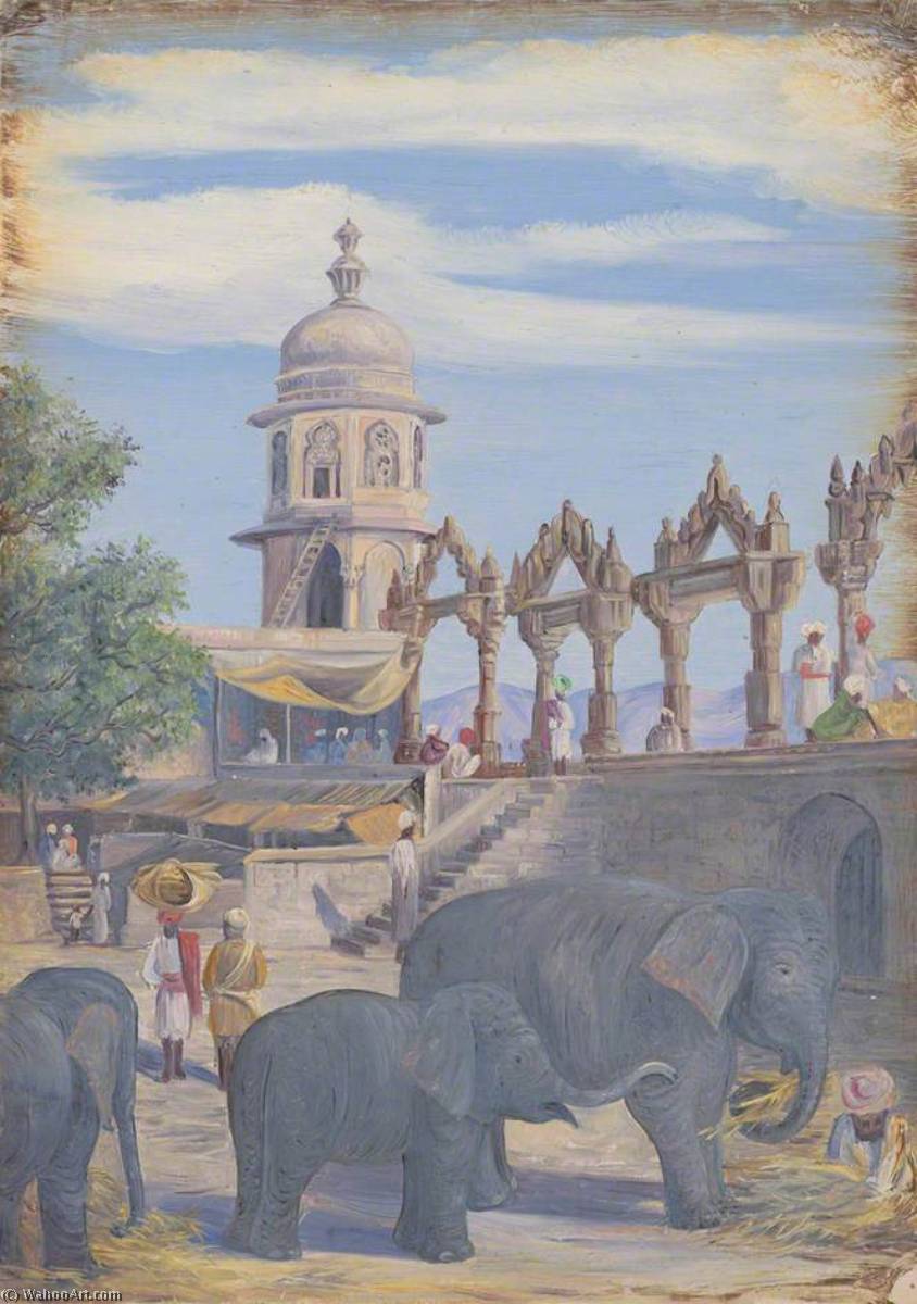 WikiOO.org - Εγκυκλοπαίδεια Καλών Τεχνών - Ζωγραφική, έργα τέχνης Marianne North - Palace Yard and Female Elephant and Child, Udaipur, India