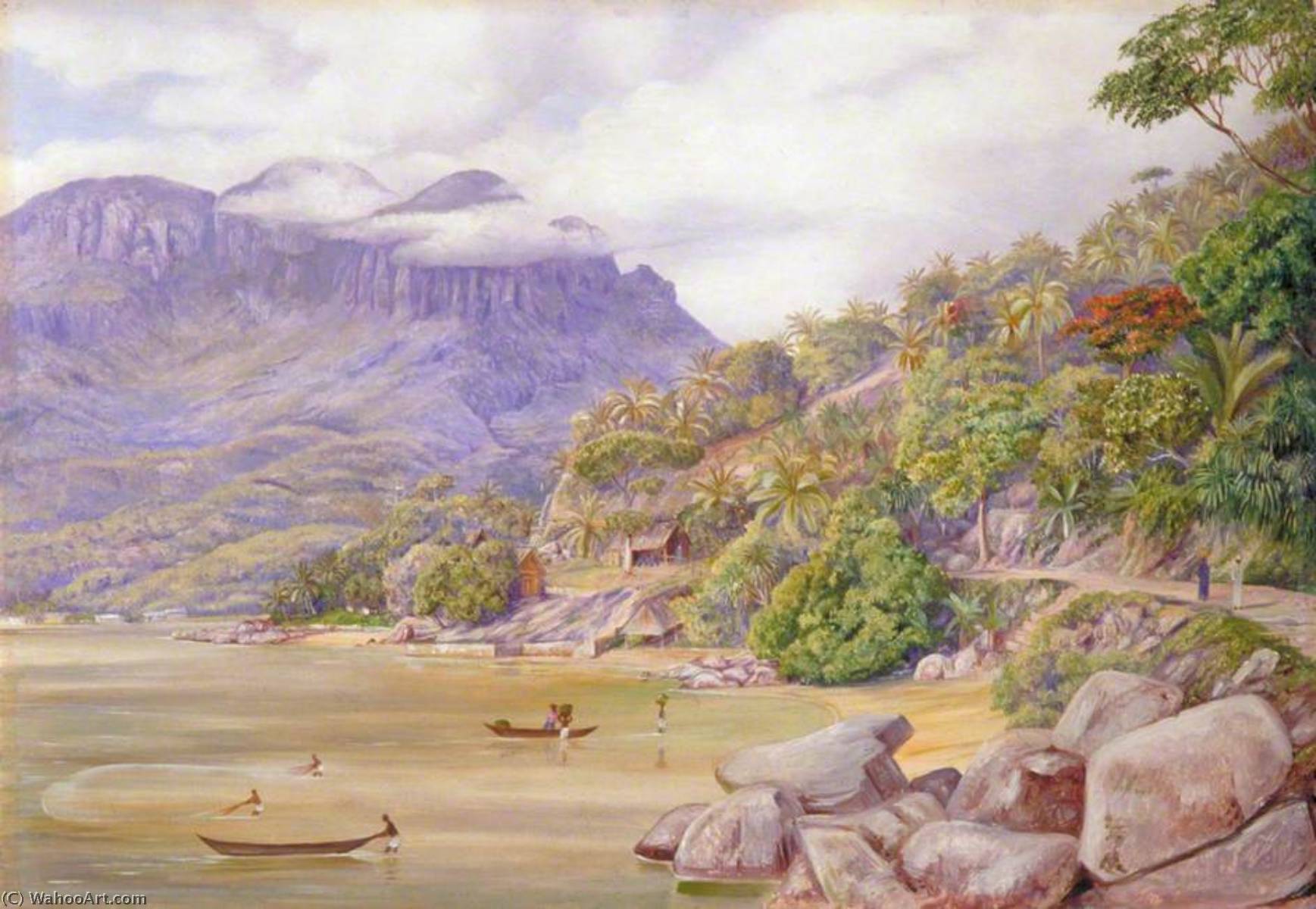 Wikioo.org - The Encyclopedia of Fine Arts - Painting, Artwork by Marianne North - Smelt Fishing at Port Victoria, Mahé, Seychelles