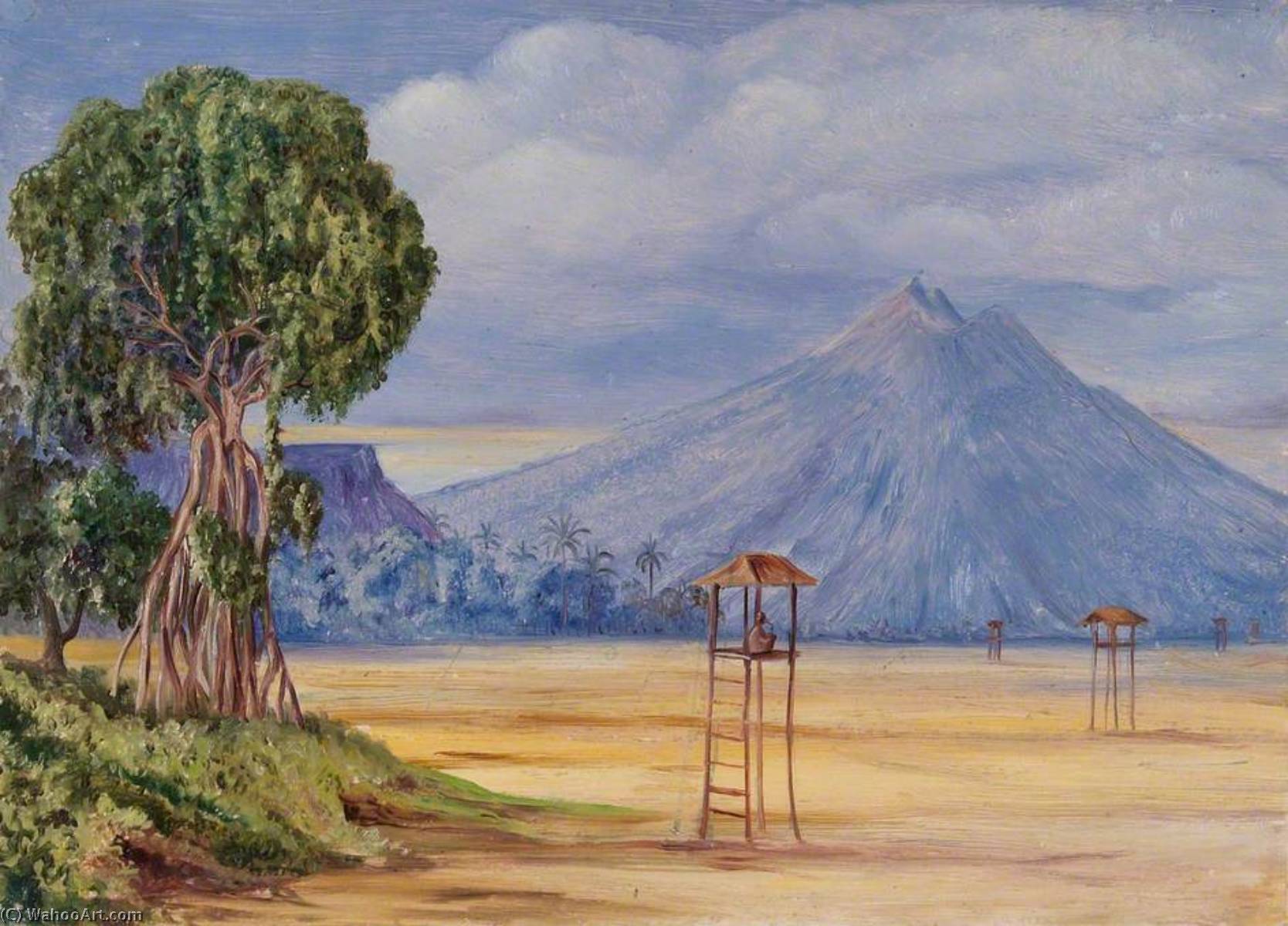 WikiOO.org - Encyclopedia of Fine Arts - Schilderen, Artwork Marianne North - Curious Fig Tree for 'Crow Keeping' in Java